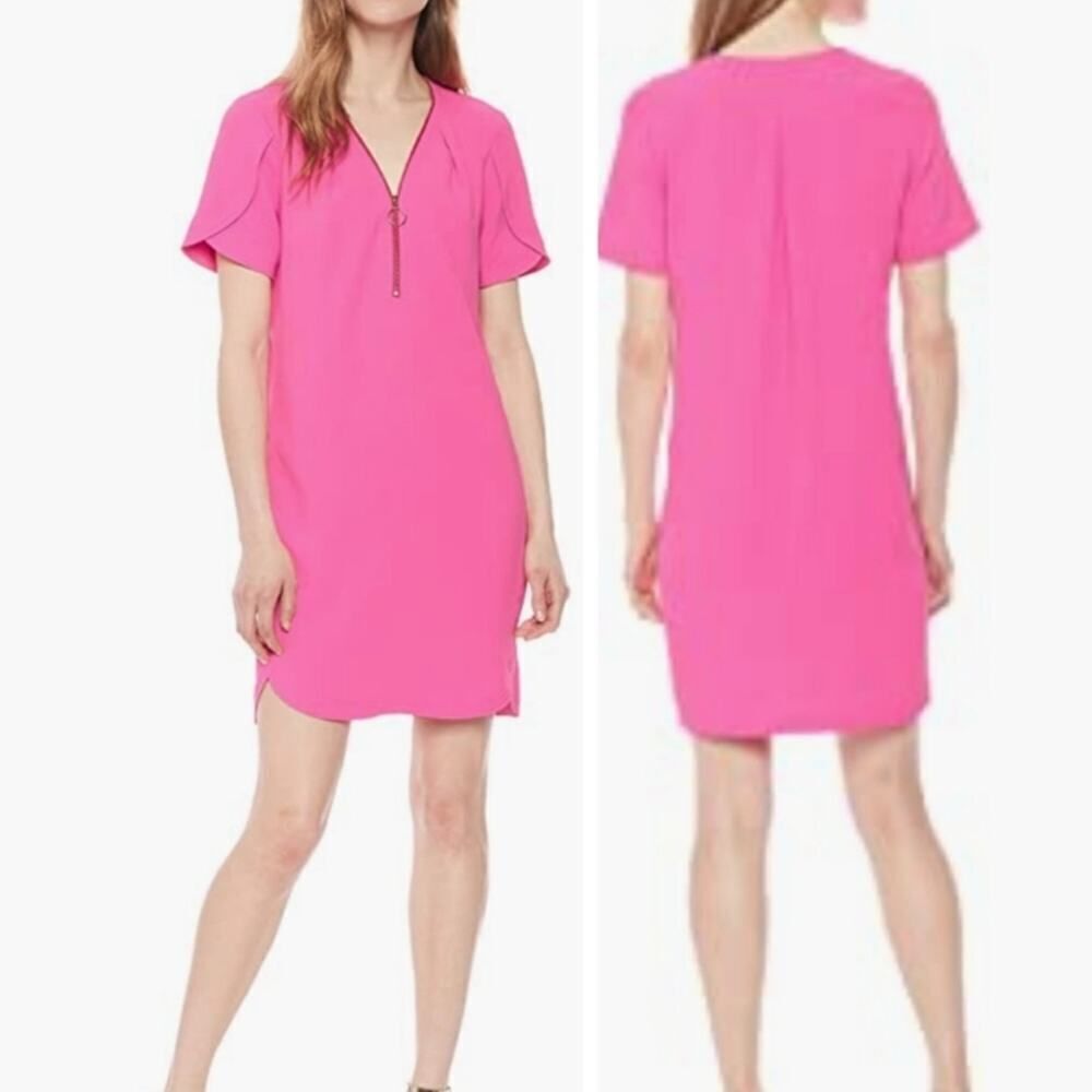 Trina Turk Dress Pink Size 0 Zip Front Taliah Mini Length Shift Preppy V Neck